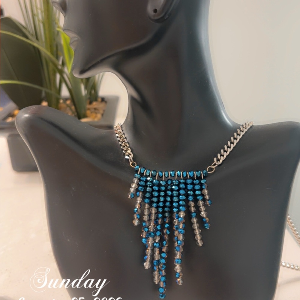 Handmade Blue and Silver Crystal Long Sweater Necklace